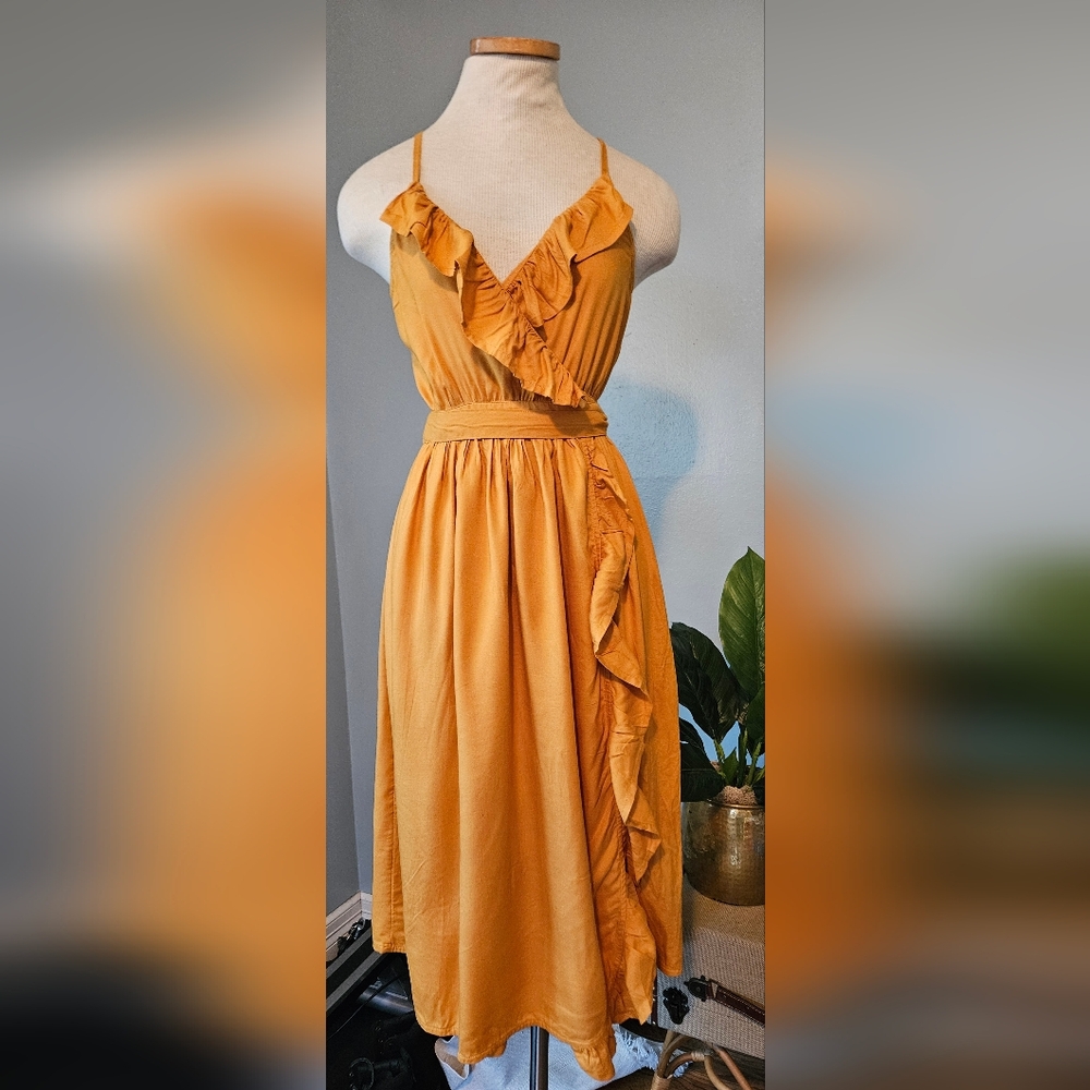 NWT Roxy Cottagecore Beachy Ruffle V-Neck Wrap Midi Dress Marigold Size XS